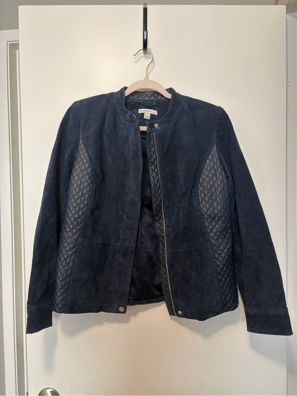 Isaac Mizrahi Navy Quilted Suede Leather Jacket